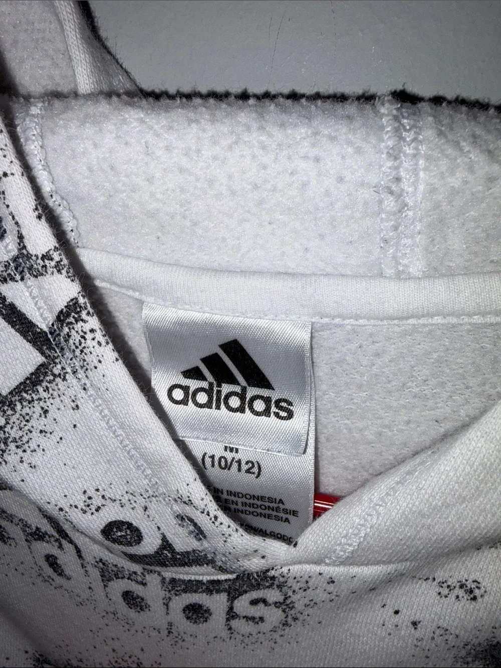adidas White Hoodie with Black Logo Spray Print Youth M